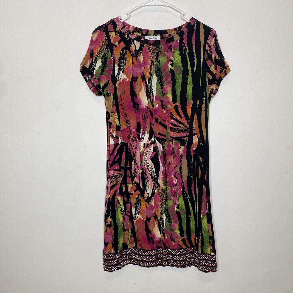 Calvin Klein Dress Women S Multicolor Stretch Jungle Abstract Short Sleeve